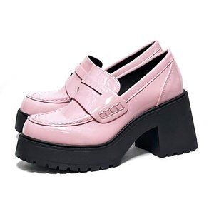 New Women's Pink Patent Platform Chunky Heel Penny Loafers